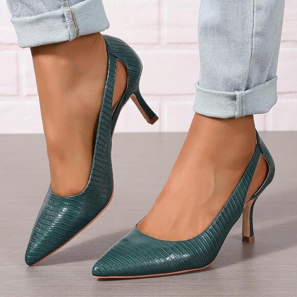 Women's Green Faux Leather Pumps Pointed Closed Toe Kitten Heel Pump Shoes - Picture 4 of 5